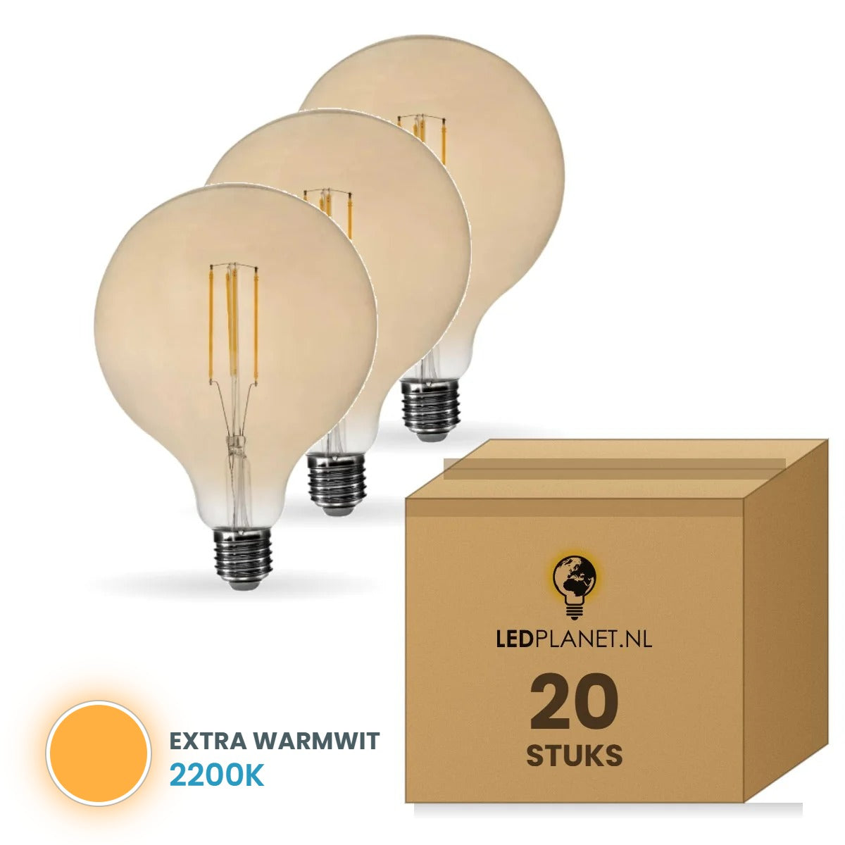 Gloeilamp E27 G125, LED 6W=60W, 500 Lumen, Amber 2200K, Dimbaar, doos 20 stuks, 230V