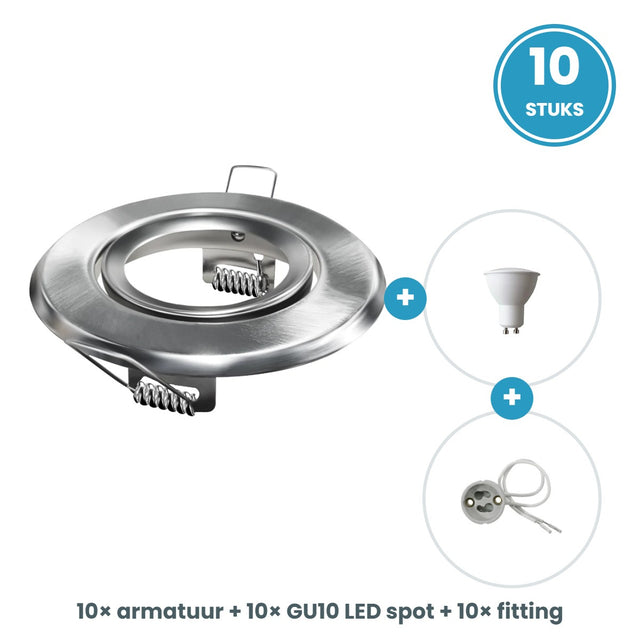 10 GU10 inbouwspots rond zilver compleet