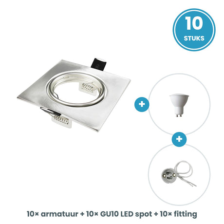 10 GU10 inbouwspots vierkant zilver compleet
