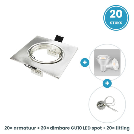 20 GU10 inbouwspots vierkant zilver compleet