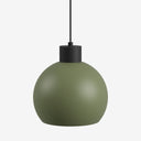 Suspension LED sphérique vert olive avec une finition élégante et des détails noirs