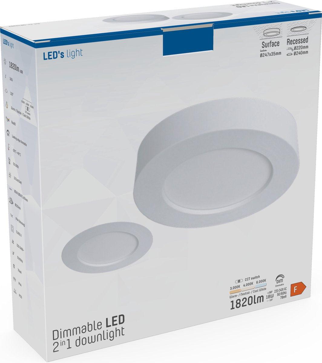 LED Plafondlamp 1820 Lumen - 18W - Warmwit 3000K Koelwit 4000K Daglichtwit 6000K - Dimbaar - IP44 - Ø240mm - Inbouw Opbouw