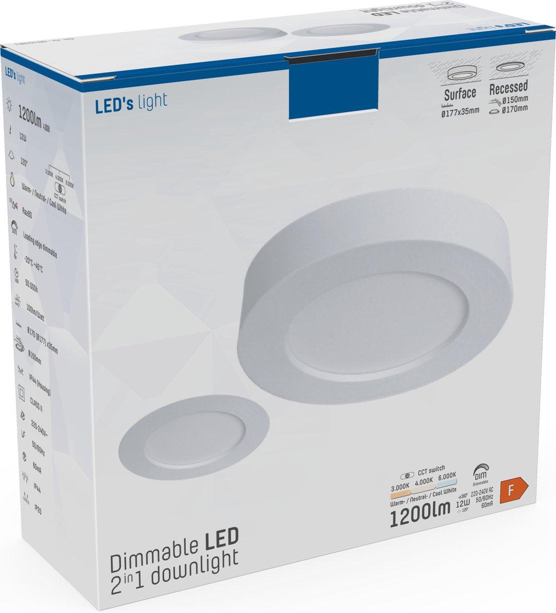 LED Inbouwspot 1200 Lumen - 12W - Koelwit 4000K - Dimbaar - Selecteerbare kleurtemperatuur - IP44 - Wit