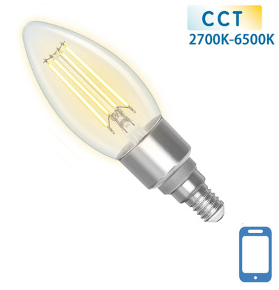 LED kaarslamp E14 WiFi+Bluetooth CCT 2700K-6500K, 4.5W 470 lumen, filament helder glas