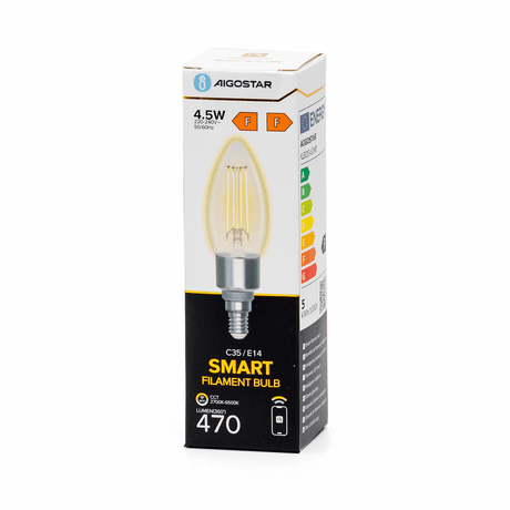 LED kaarslamp E14 WiFi+Bluetooth CCT 2700K-6500K, 4.5W 470 lumen, filament helder glas