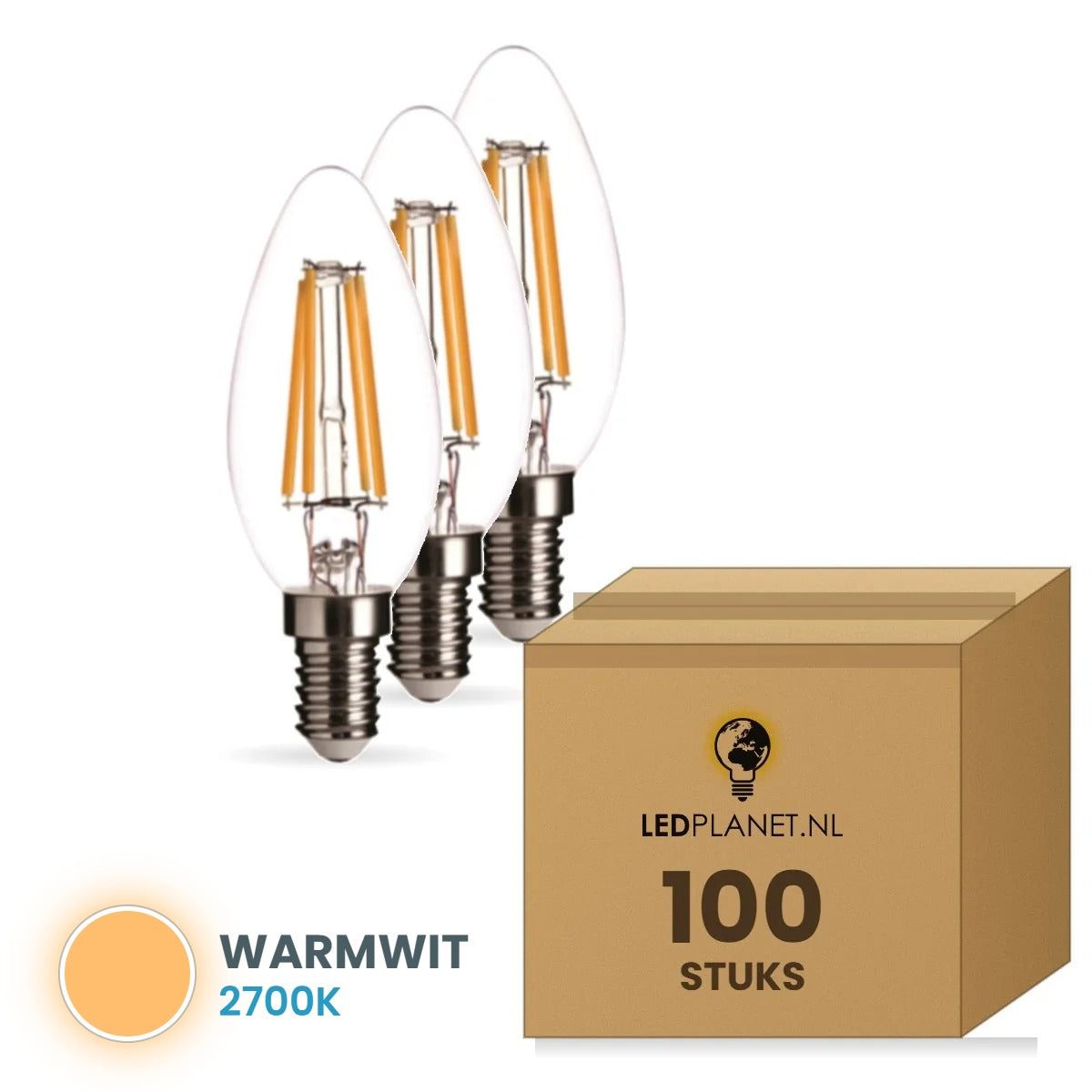 Kaarslamp E14 C35, Clear 2700K, doos 100 stuks, 230V