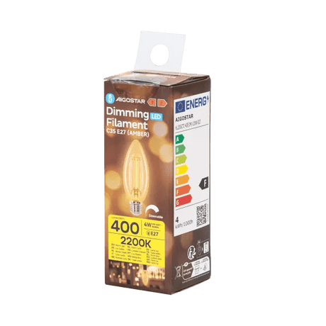 LED kaarslamp E27 dimbaar flame warmwit 2200K, 4W 400 lumen, amber glas