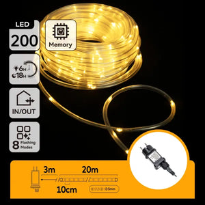 Lichtstring buis warmwit 23 meter (3+20) - 200 LED's | waterdicht IP44 | 230VAC - 24V | met timer 6u aan/18u uit