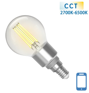 Ampoule sphérique E14 4.5W WiFi + Bluetooth CCT 2700K-6500K | ampoule connectée G45 - blanc chaud - blanc lumière du jour LED à filament ~ 470 lumens - verre transparent - 230 Volt