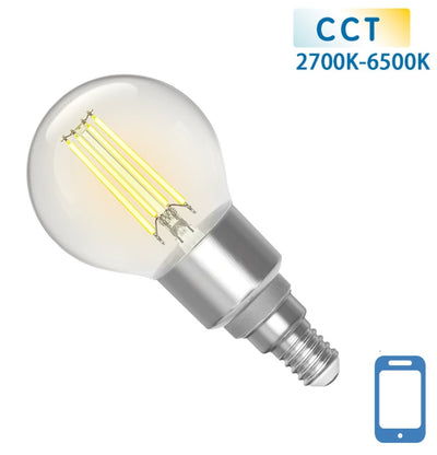Kogellamp E14 4.5W WiFi + Bluetooth CCT 2700K-6500K, Smartlamp G45, warmwit, daglichtwit filament LED ~ 470 Lumen