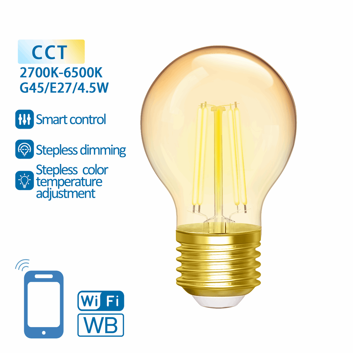 Ampoule sphérique E27 4,5 W WiFi + Bluetooth CCT 2700 K - 6500 K | Ampoule connectée G45 - blanc chaud - blanc lumière du jour, filament LED ~ 470 lumens - verre ambré - 230 volts - LEDPLANET.NL