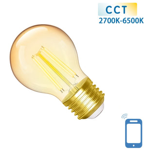 Ampoule sphérique E27 4.5W WiFi + Bluetooth CCT 2700K-6500K | ampoule connectée G45 - blanc chaud - blanc lumière du jour LED à filament ~ 470 lumens - verre ambré - 230 Volt