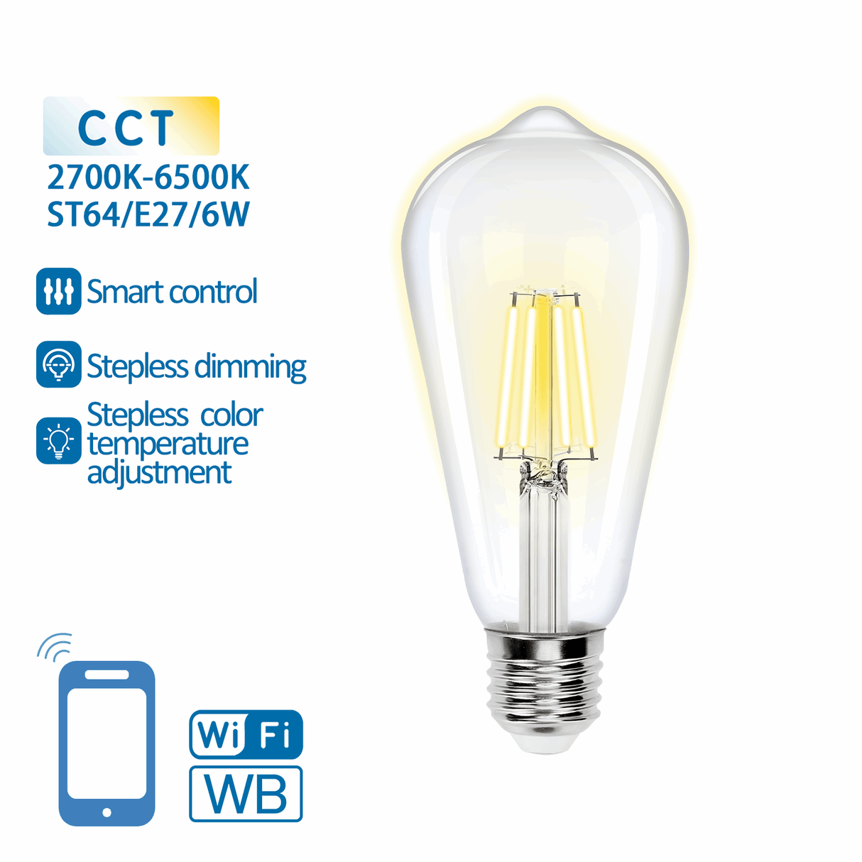 Kooldraadlamp E27 6W WiFi CCT 2700K - 6500K | ST64 - warmwit - daglichtwit LED ~ 850 Lumen - helder glas - 230 Volt - LEDPLANET.NL