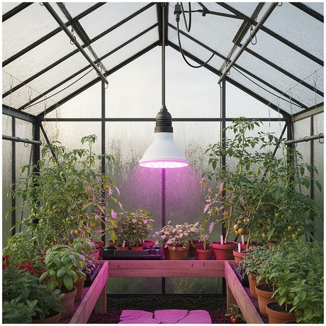 Kweeklamp LED met een witte behuizing en paarse verlichting voor optimale groei in een kas.