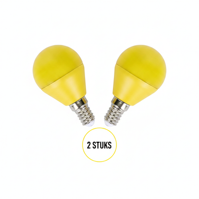 Gekleurde lamp E14 geel, kogellamp kleine fitting, LED 4W, 2 stuks