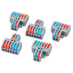 Lot de cinq borniers Aigostar LT-623 pour le raccordement de LED, en gris avec clips rouges et bleus