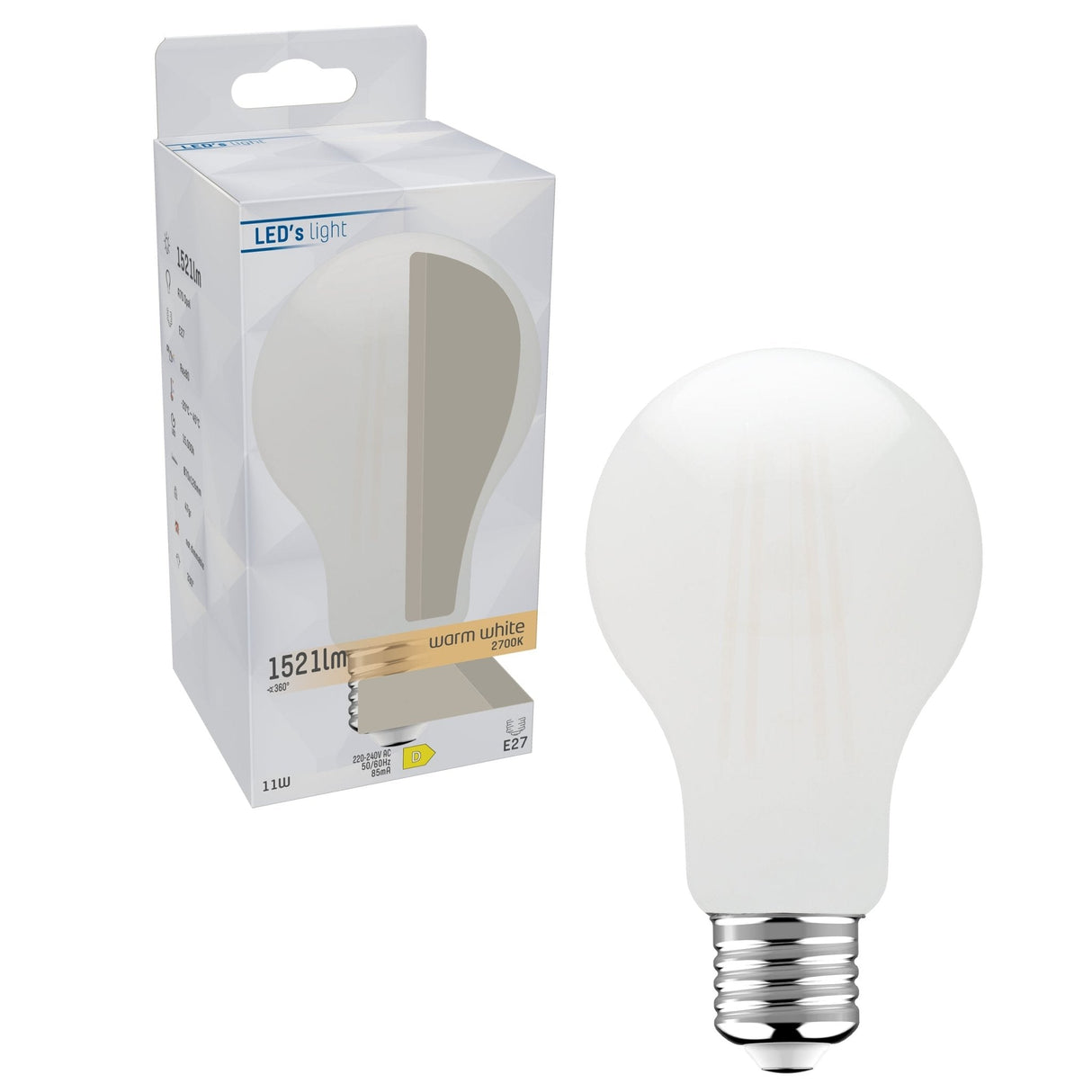 LED Filament Lamp E27 1521 lumen - 11W - Warmwit 2700K - A70 Peervorm - Opaal Glas