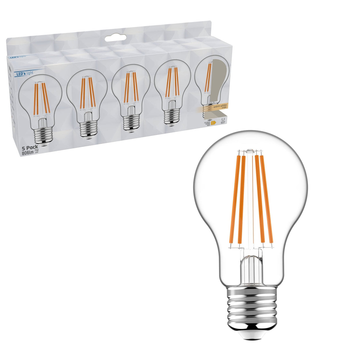 LED Filament Lamp A60 E27 806 lumen - 7W - Warmwit 2700K - 330° Stralingshoek - 5 stuks