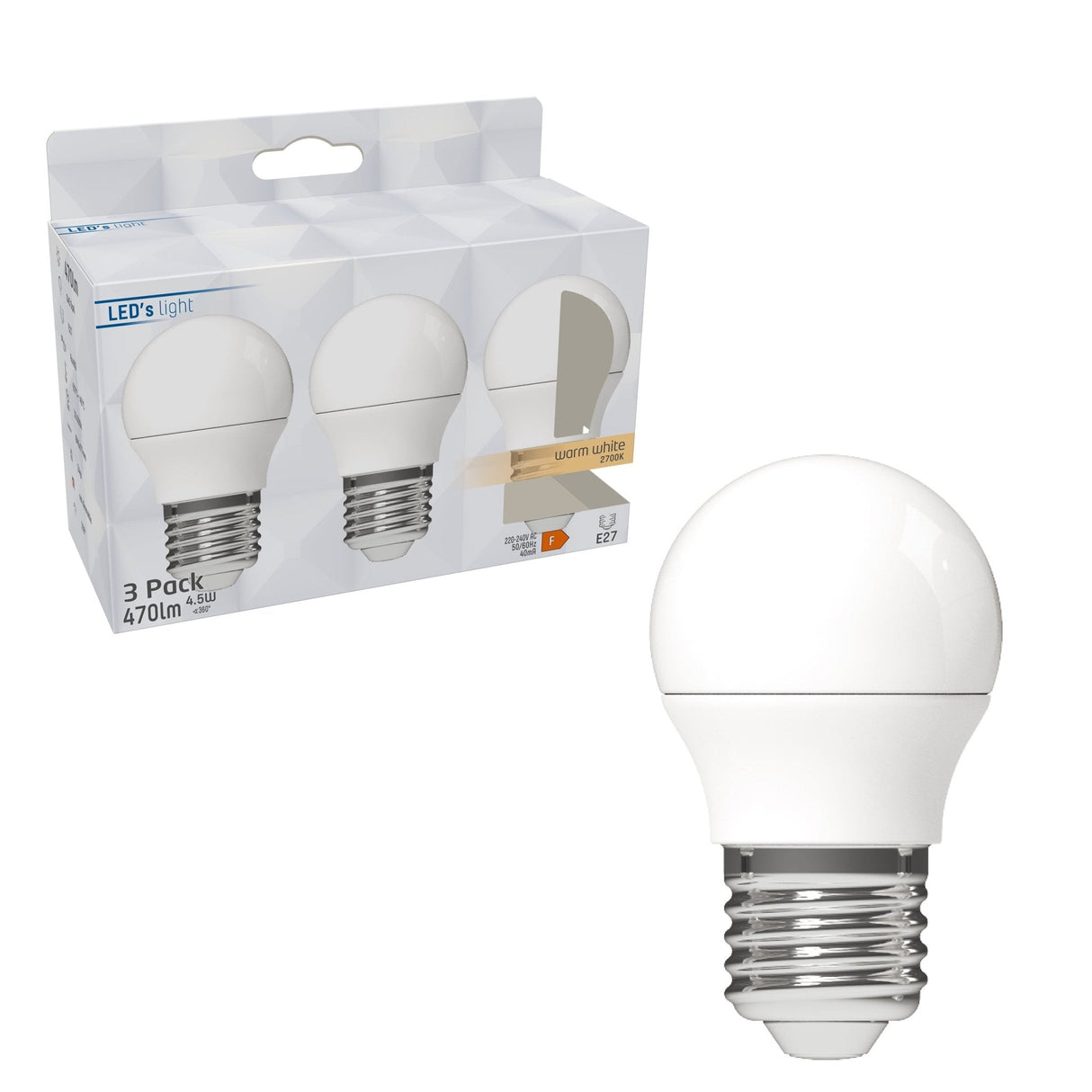 LED Lamp E27 470 lumen - 4.9W - Warmwit 2700K - G45 Kogel - Opaal - 3 stuks