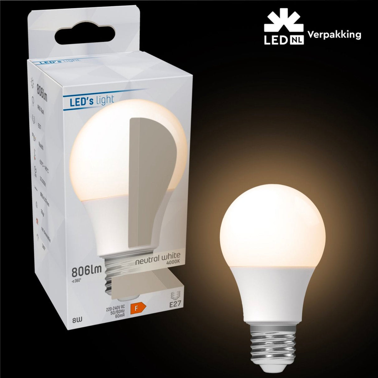 LED Lamp E27 806 lumen - 8W - Koelwit 4000K - A60 Peervorm - Opaal Glas