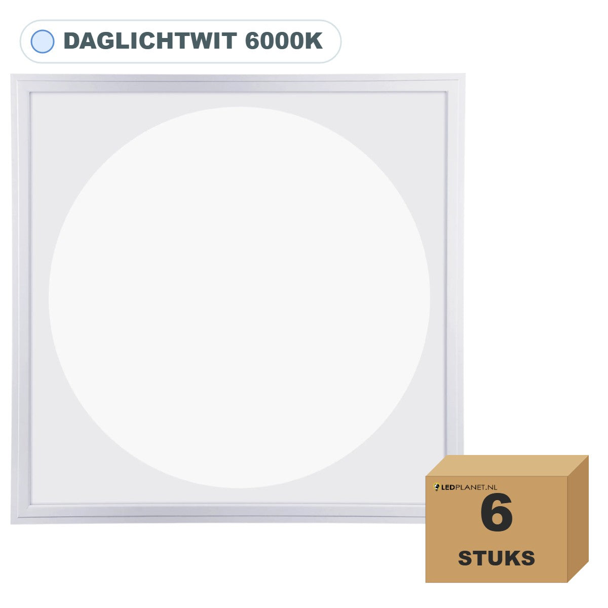 6 stuks LED paneel 60x60 rond lichtvlak, 36W, daglichtwit 6000K, in doos