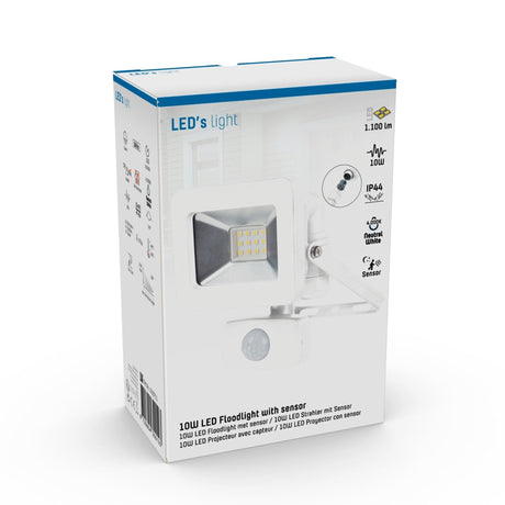 LED schijnwerper 1100 lumen - 10W - koelwit 4000K - bewegingssensor - daglichtsensor - IP44 waterdicht - wit - 230V