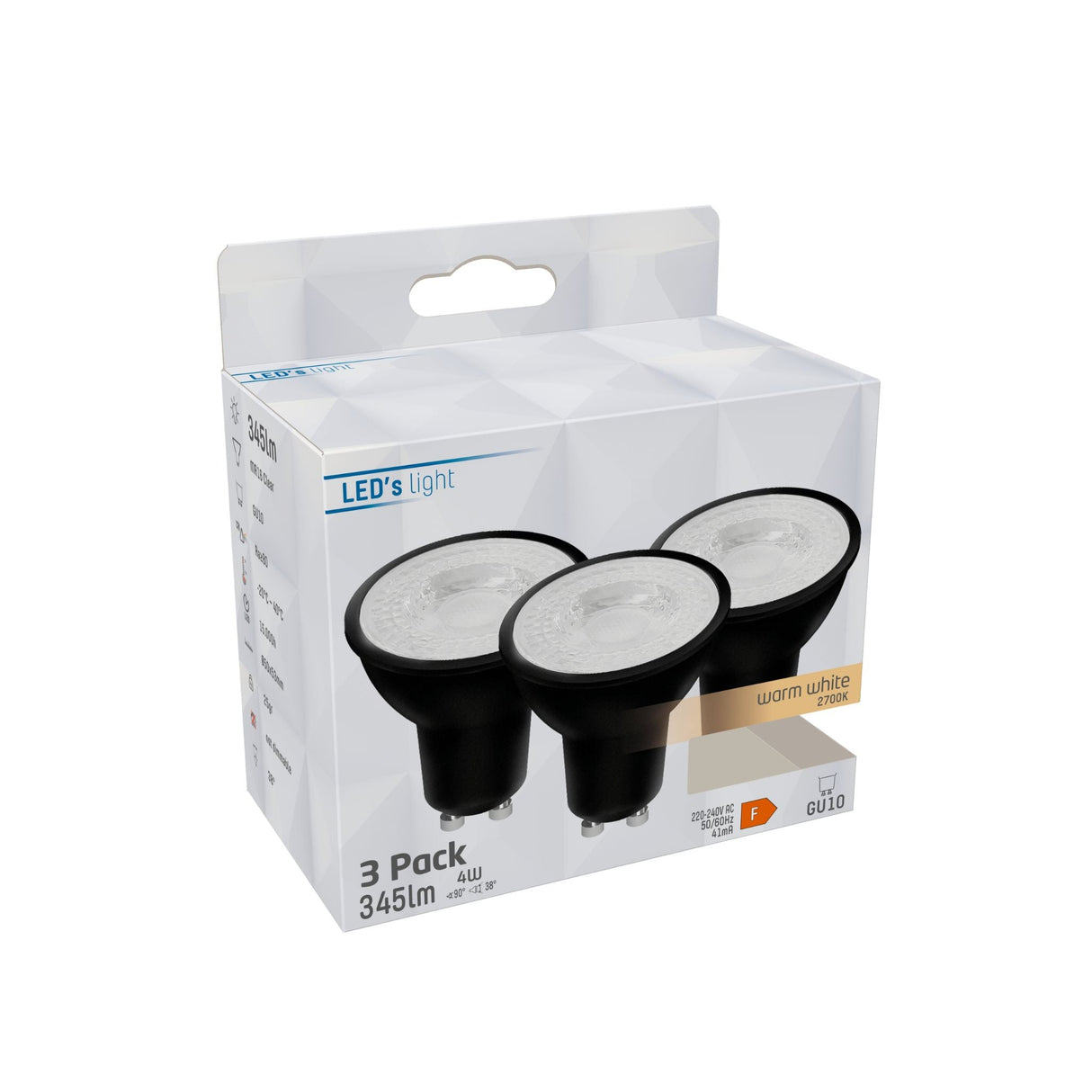 LED GU10 Spot Zwart - 345 lumen - Warmwit 2700K - 4W - 3 stuks