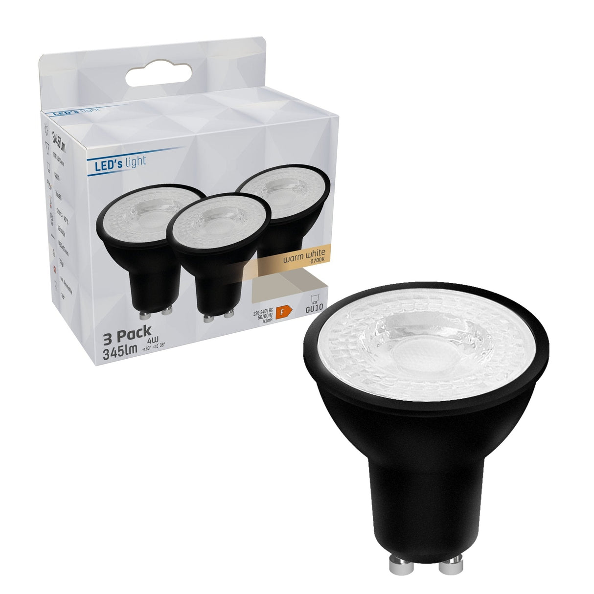 LED GU10 Spot Zwart - 345 lumen - Warmwit 2700K - 4W - 3 stuks