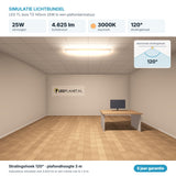 Simulatie lichtbundel LED TL buis T5 145cm 25W 4.625 lm warmwit 3000K 120° in een plafondarmatuur