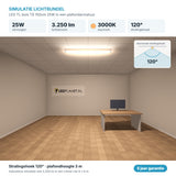 Simulatie lichtbundel LED TL buis T8 150cm 25W 3.250 lm warmwit 3000K 120° in een plafondarmatuur