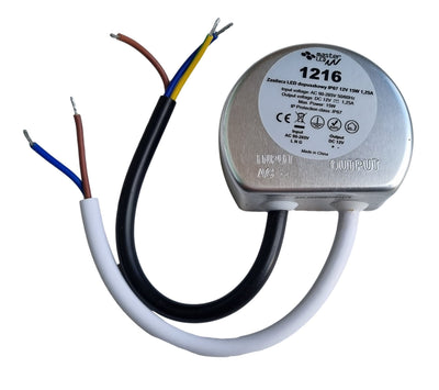 LED voeding, compact, rond, in 230V AC, uit 12 Volt DC, 15 Watt, 1,25A, IP67