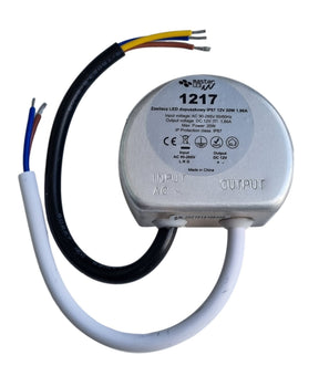 LED voeding, compact, rond, in 230V AC, uit 12 Volt DC, 20 Watt, 1,66A, IP67