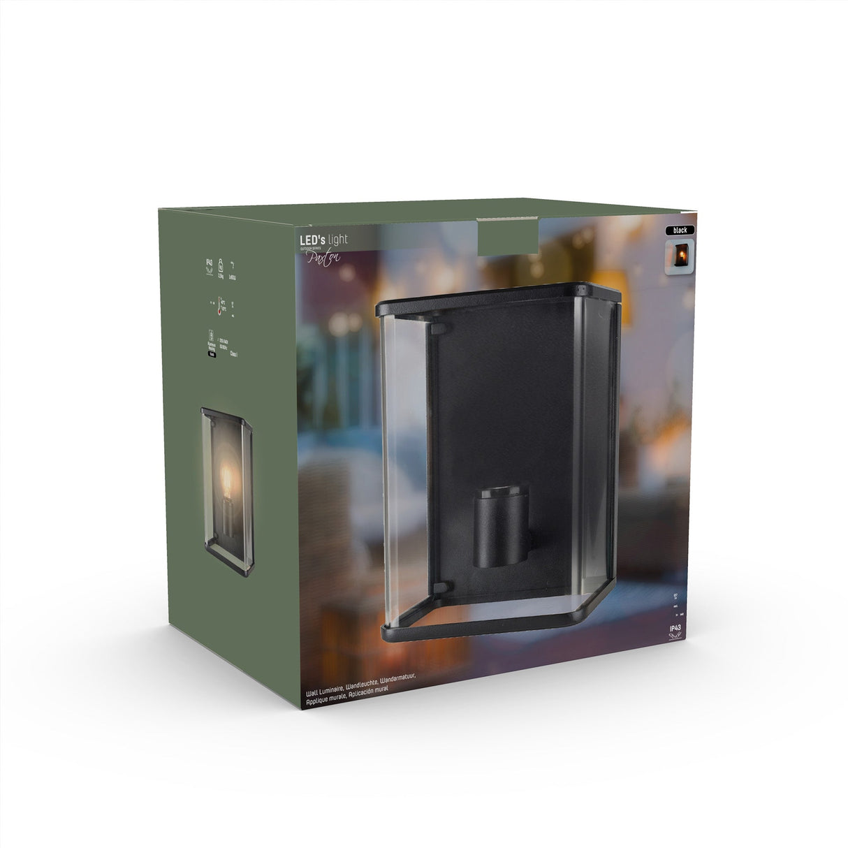 LED wandlamp glas rechthoek E27 fitting - IP44 waterdicht - 25cm - zwart