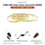 Complete set COB LED strip extra warmwit 2200K 5 meter met 24V 48W voeding, dimmer en female DC-connector