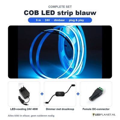 Complete set COB LED strip blauw 5 meter met 24V 48W voeding, dimmer en female DC-connector