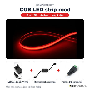 Complete set COB LED strip rood 5 meter met 24V 48W voeding, dimmer en female DC-connector