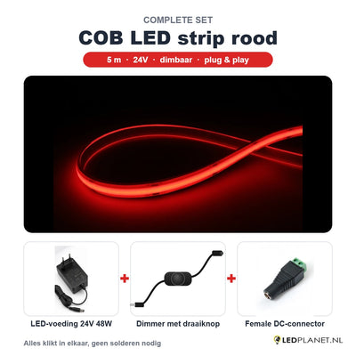 Complete set COB LED strip rood 5 meter met 24V 48W voeding, dimmer en female DC-connector