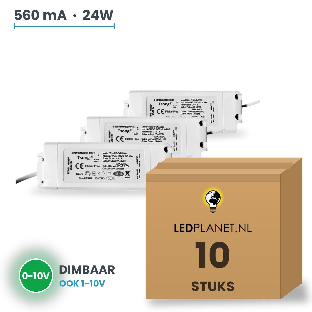 Doos met 10 stuks Dimbare LED-driver 0-10V - 24W - 560 mA - DC 27-42V