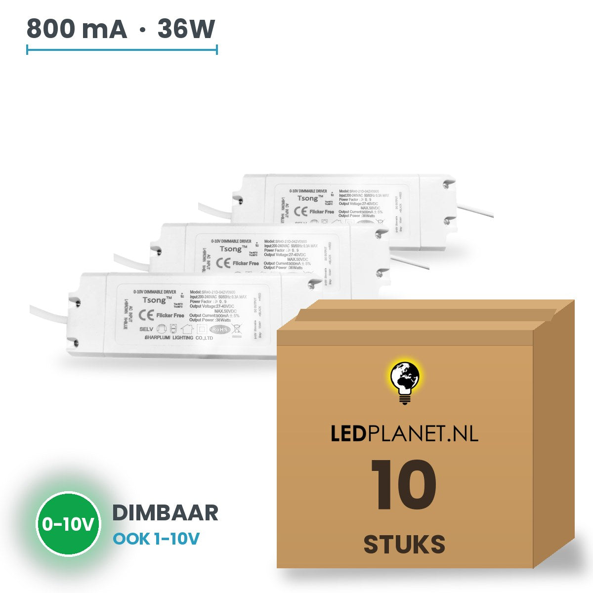 Doos met 10 stuks Dimbare LED-driver 0-10V - 36W - 800 mA - DC 27-42V