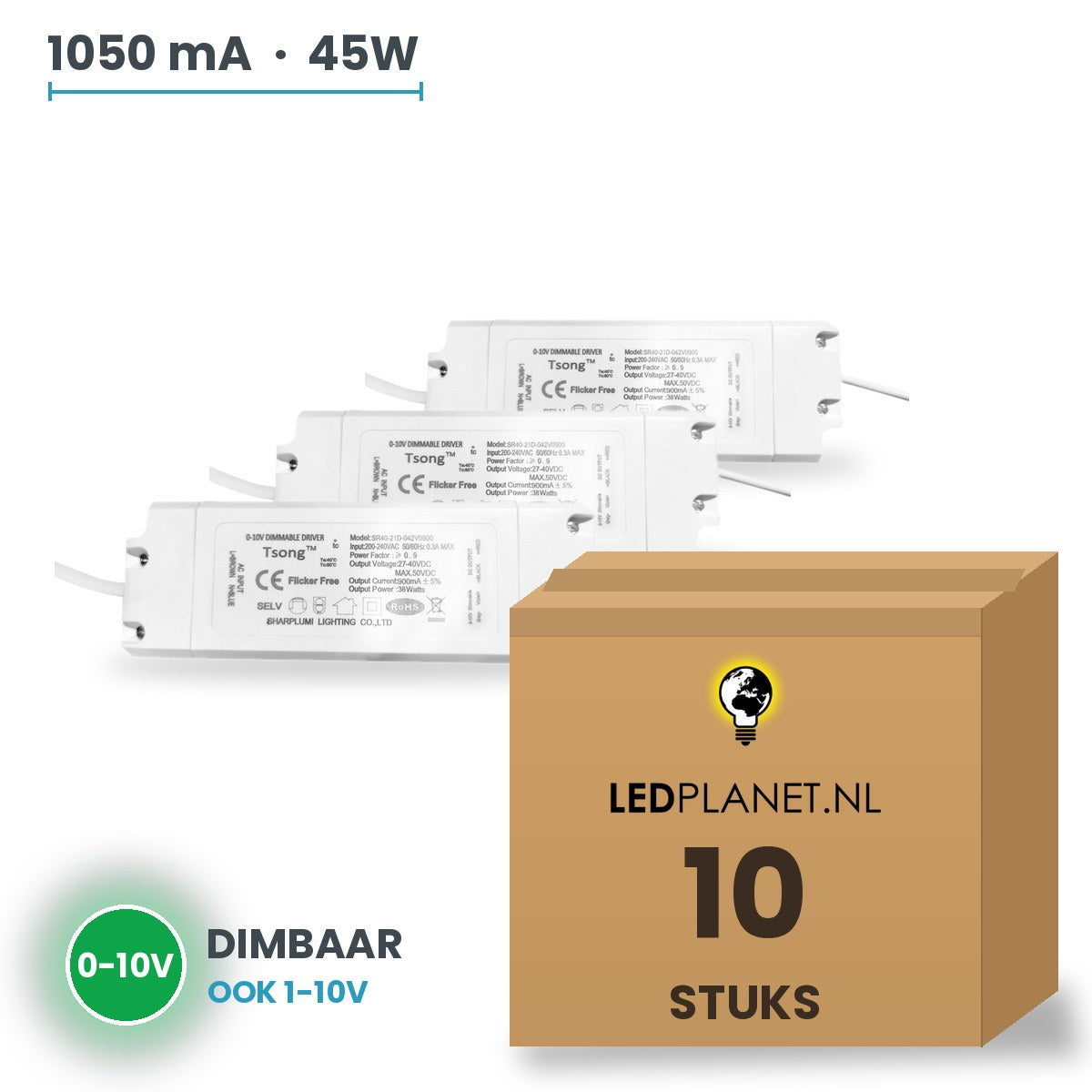 Doos met 10 stuks Dimbare LED-driver 0-10V - 45W - 1050 mA - DC 27-42V