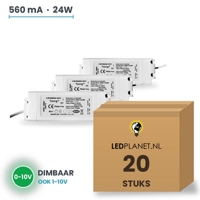 Doos met 20 stuks Dimbare LED-driver 0-10V - 24W - 560 mA - DC 27-42V