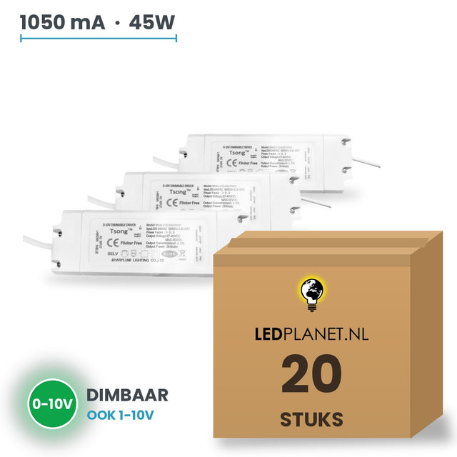 Doos met 20 stuks Dimbare LED-driver 0-10V - 45W - 1050 mA - DC 27-42V