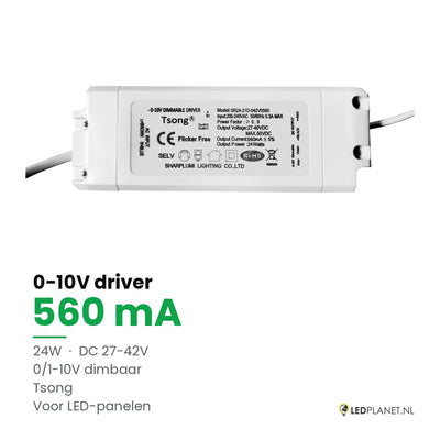 Dimbare LED-driver 0-10V - 24W - 560 mA - DC 27-42V