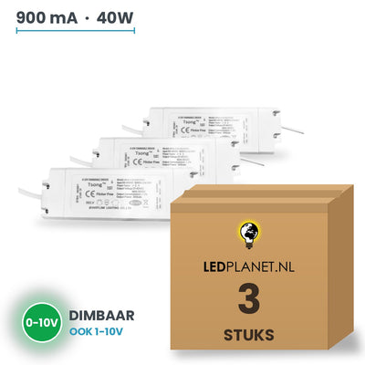 Doos met 3 stuks Dimbare LED-driver 0-10V - 40W - 900 mA - DC 27-42V