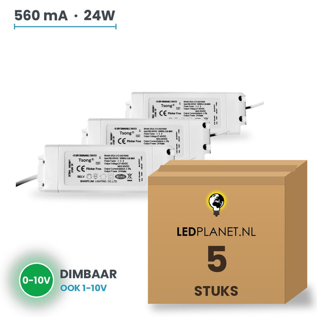 Doos met 5 stuks Dimbare LED-driver 0-10V - 24W - 560 mA - DC 27-42V