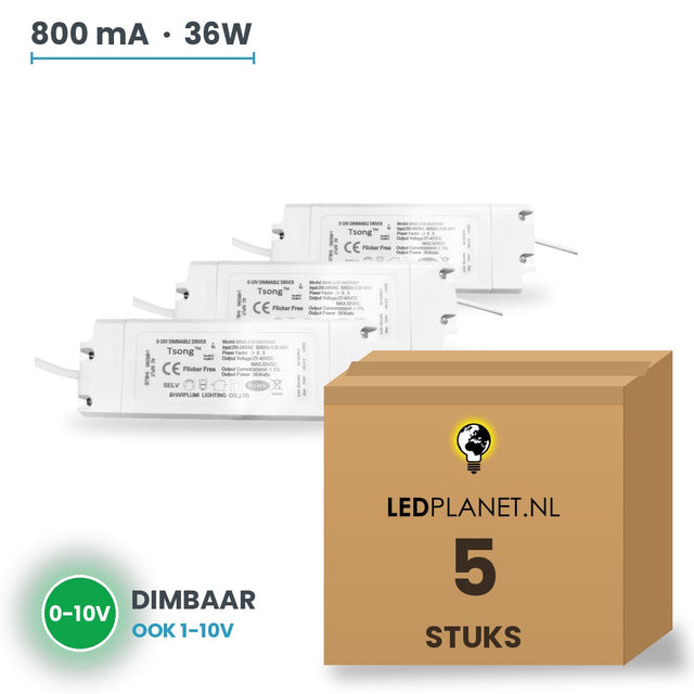 Doos met 5 stuks Dimbare LED-driver 0-10V - 36W - 800 mA - DC 27-42V