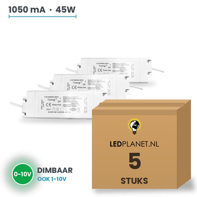 Doos met 5 stuks Dimbare LED-driver 0-10V - 45W - 1050 mA - DC 27-42V