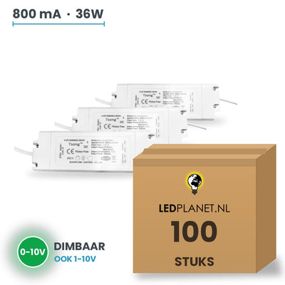 Doos met 100 stuks Dimbare LED-driver 0-10V - 36W - 800 mA - DC 27-42V