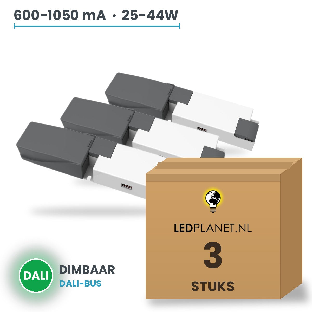 Doos met 3 stuks Dimbare LED-driver DALI - 25-44W - 600-1050 mA instelbaar - max. 42V - Boke - zonder aansluitkast
