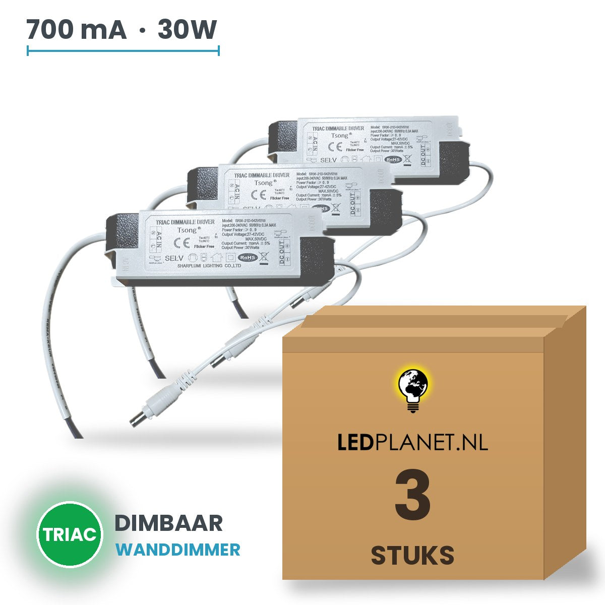 Doos met 3 stuks Dimbare LED-driver Triac - 30W - 700 mA - DC 27-42V